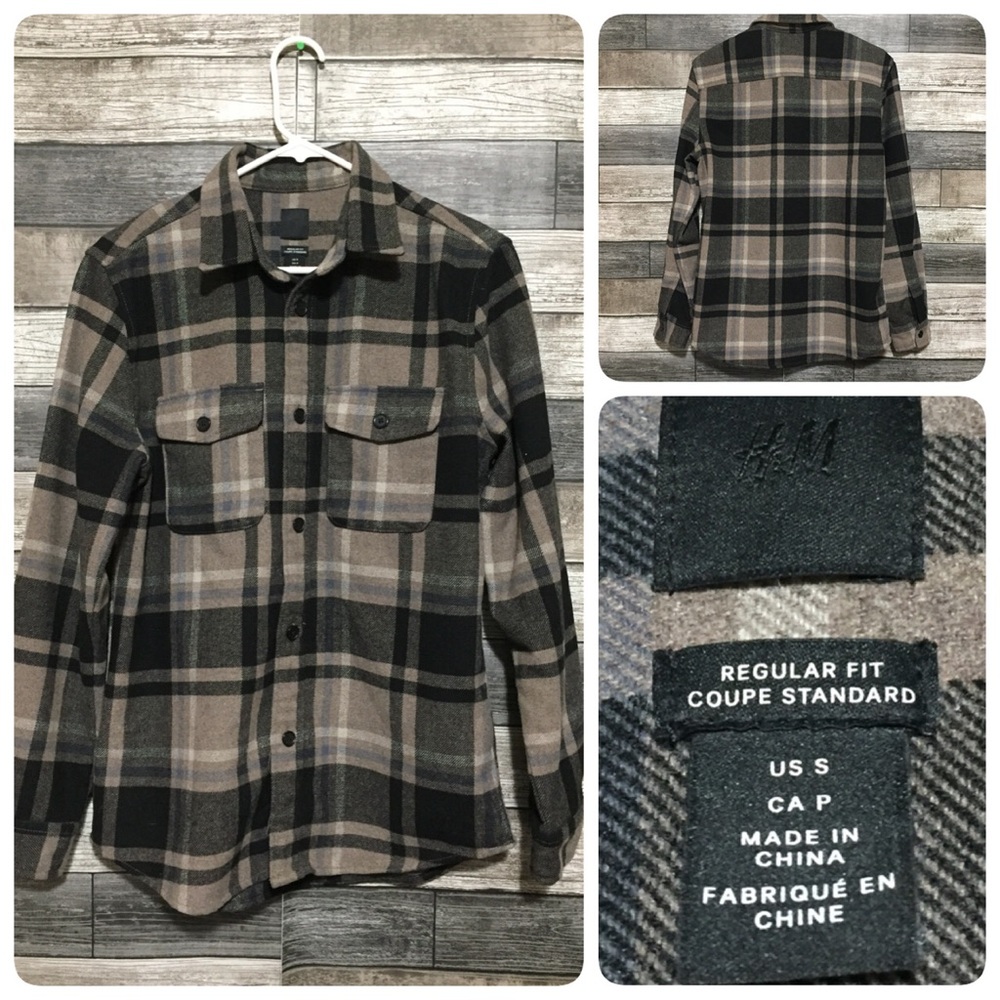 H&M Regular Fit Wool Blend Plaid Shirt Jacket Men’s S Black Tan Long Sleeve